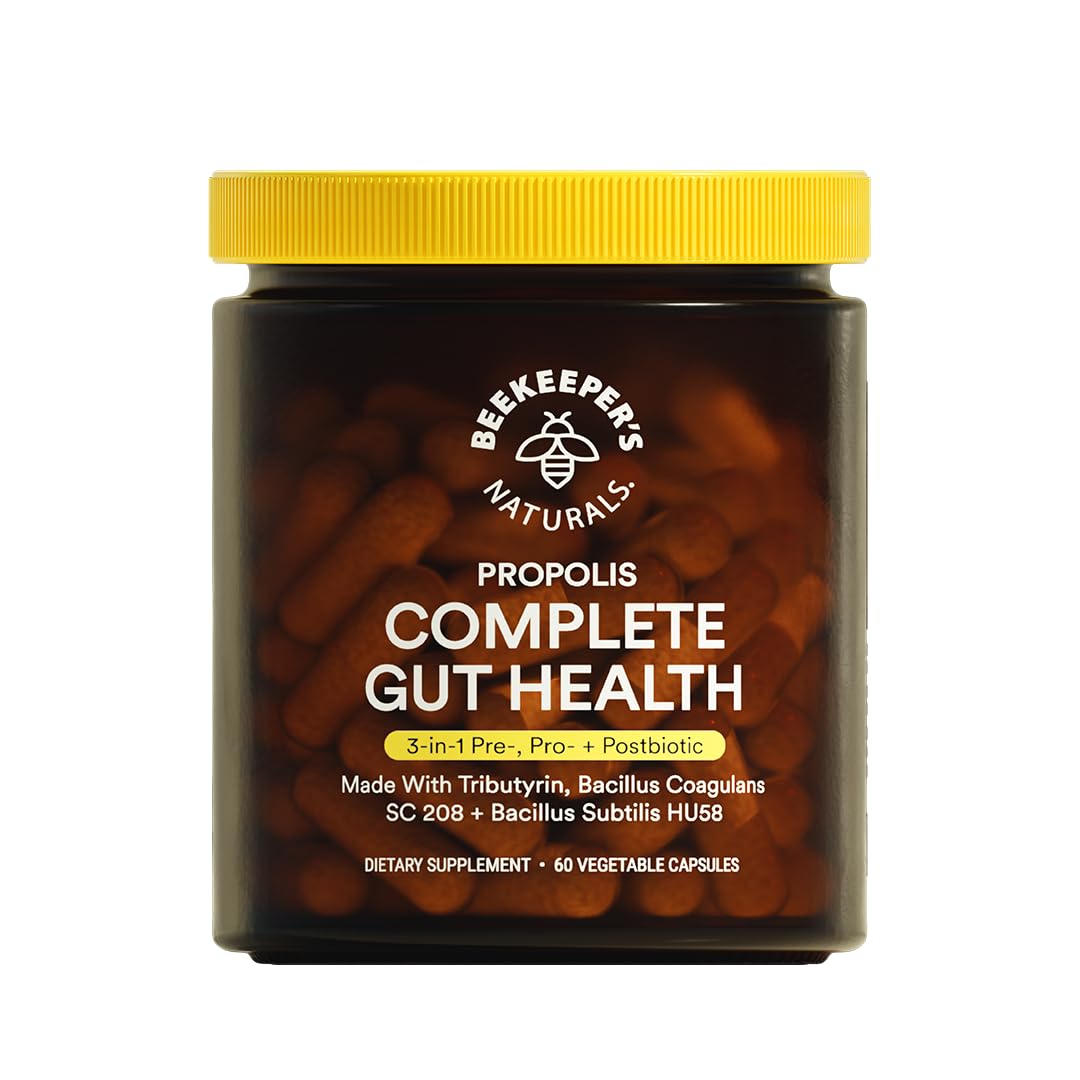 Beekeeper's Naturals Complete Gut Health, 3-in-1 Prebiotic, Postbiotic, Probiotics for Digestive Health & Bloating Relief for Women & Men, Propolis Powered, Gluten-Free Vegan Capsules, 60ct