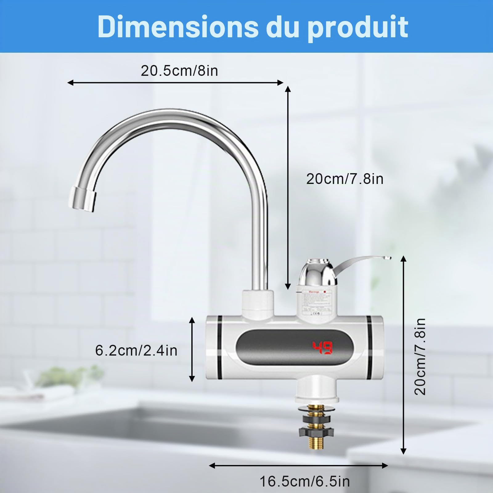 Robinet d'eau chaude instantané 230 V, 3000 W, chauffe-eau électrique avec affichage numérique LED, robinet chauffant électrique rotatif à 360° en acier inoxydable pour cuisine, salle de bain et