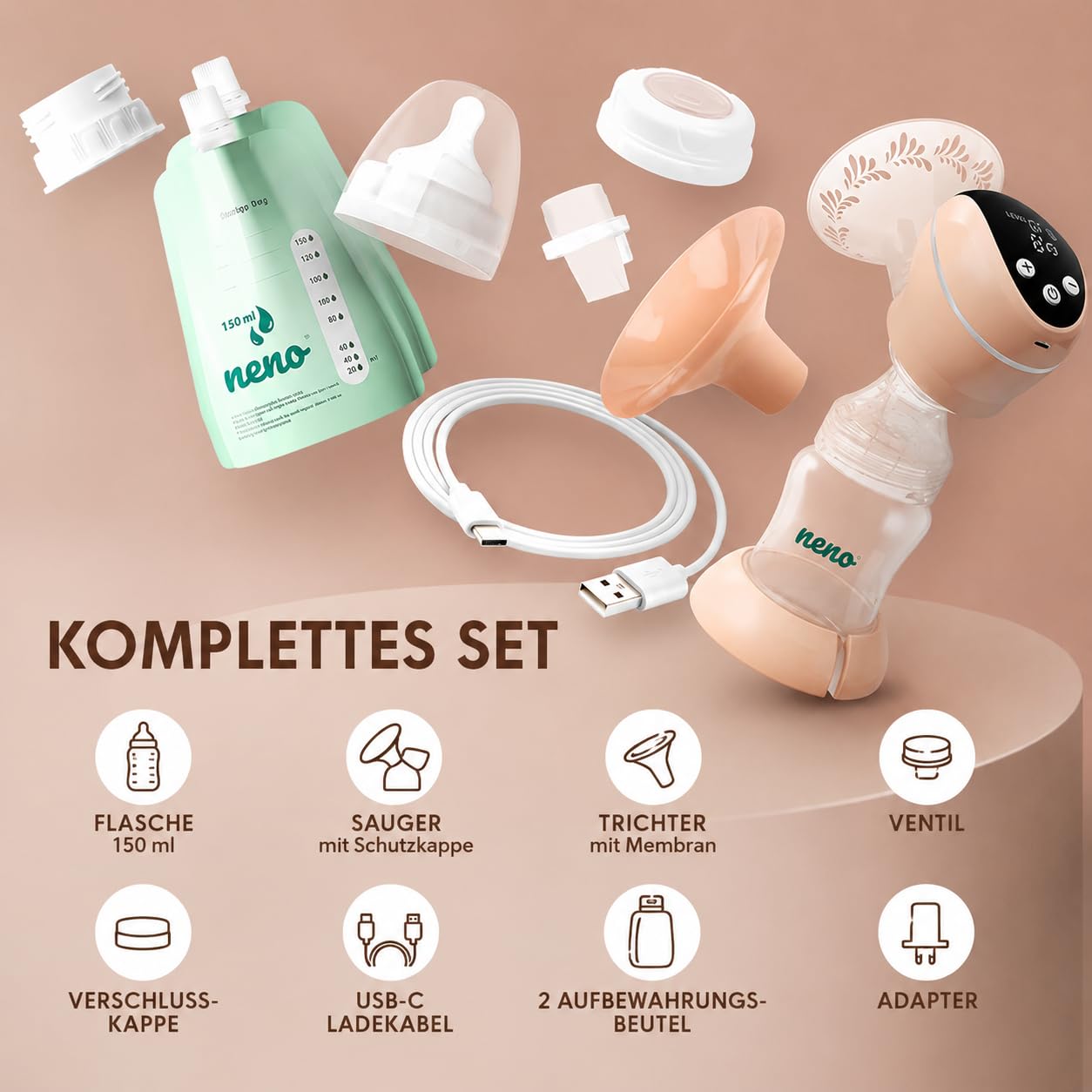 NENO Primo Milchpumpe Elektrisch Tragbare – Milch Pumpe Kabellos – Muttermilch Abpumpen mit Elektrischer Brustpumpe – mit 2 Milchbeuteln & Sauger – 5 Modi & 9 Stufen – BPA-frei – LED-Anzeige