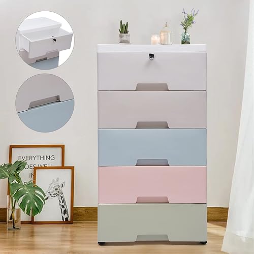 Miniatura 6 de Qiucenmium Armario de almacenamiento de cajones de plástico, cómoda de almacenamiento con 5 cajones con cerradura, armario alto de pecho pequeño