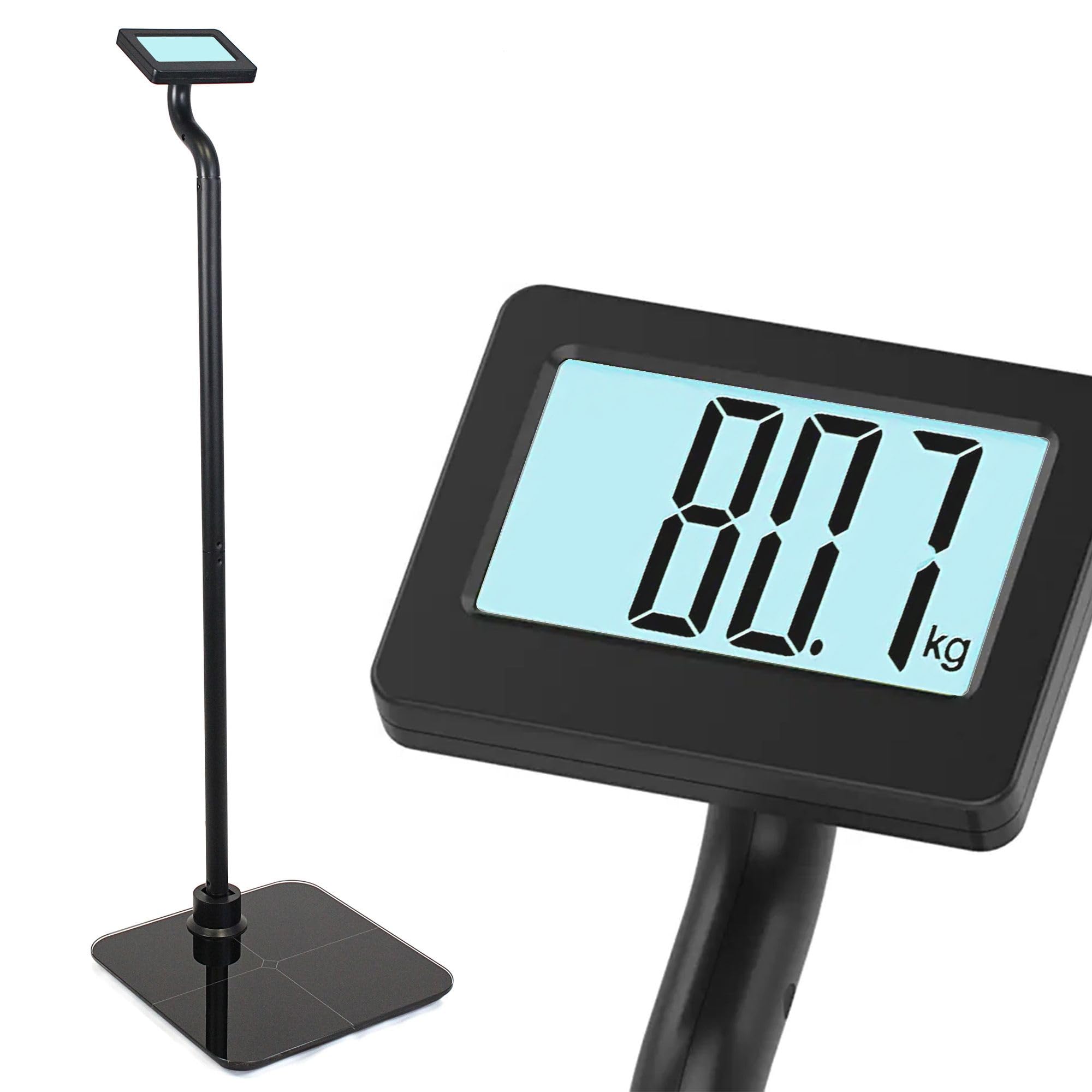 FISHTEC - Bilancia Persona Con Schermo Ravvicinato - Lunga Barra per Display LCD Retroilluminato Nelle Vicinanze - Indicatore di Peso Luminoso - Bilancia a Colonna Inclinabile e Piattaforma in Vetro