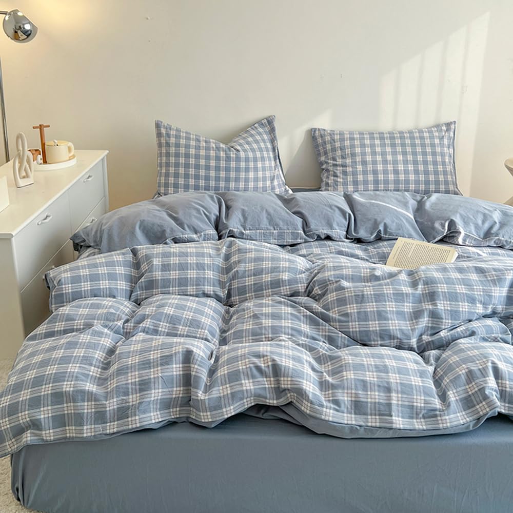 Nyescasa Blue Gingham Duvet Cover Sets Double Checked Plaid Grid Modern Geometric Reversible Washed Microfiber Bedding Set Teen Girls Quilt Cover 200x200 with Zipper Closure and 2 Pillowcases 50x75 cm — image 1