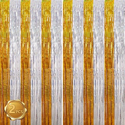 Image of BEISHIDA Gold Silver Door Streamers Backdrop Foil Fringe Tinsel Party Streamers Curtains Photo Backdrop - 2Pcs for Birthday Graduation Bachelorette Party Decoations