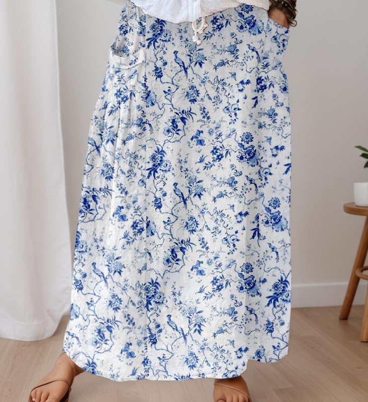 Women's Summer High Waist A-Line Maxi Skirt Casual Boho Swing Floral Stripe Print Long Skirts with Pockets2