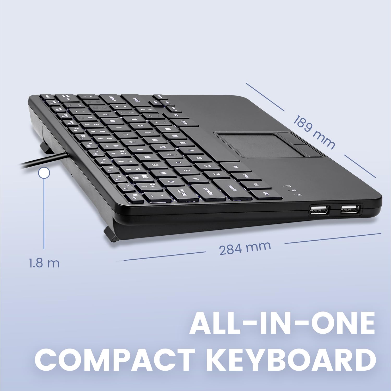 Perixx PERIBOARD-425 Amerikanische kabelgebundene Mini-Tastatur mit Touchpad, Scherentasten Typ X, Hintergrundbeleuchtung, 2 USB-Hubs, kompakt, 29 x 18 x 2,8 cm, US-Englisch
