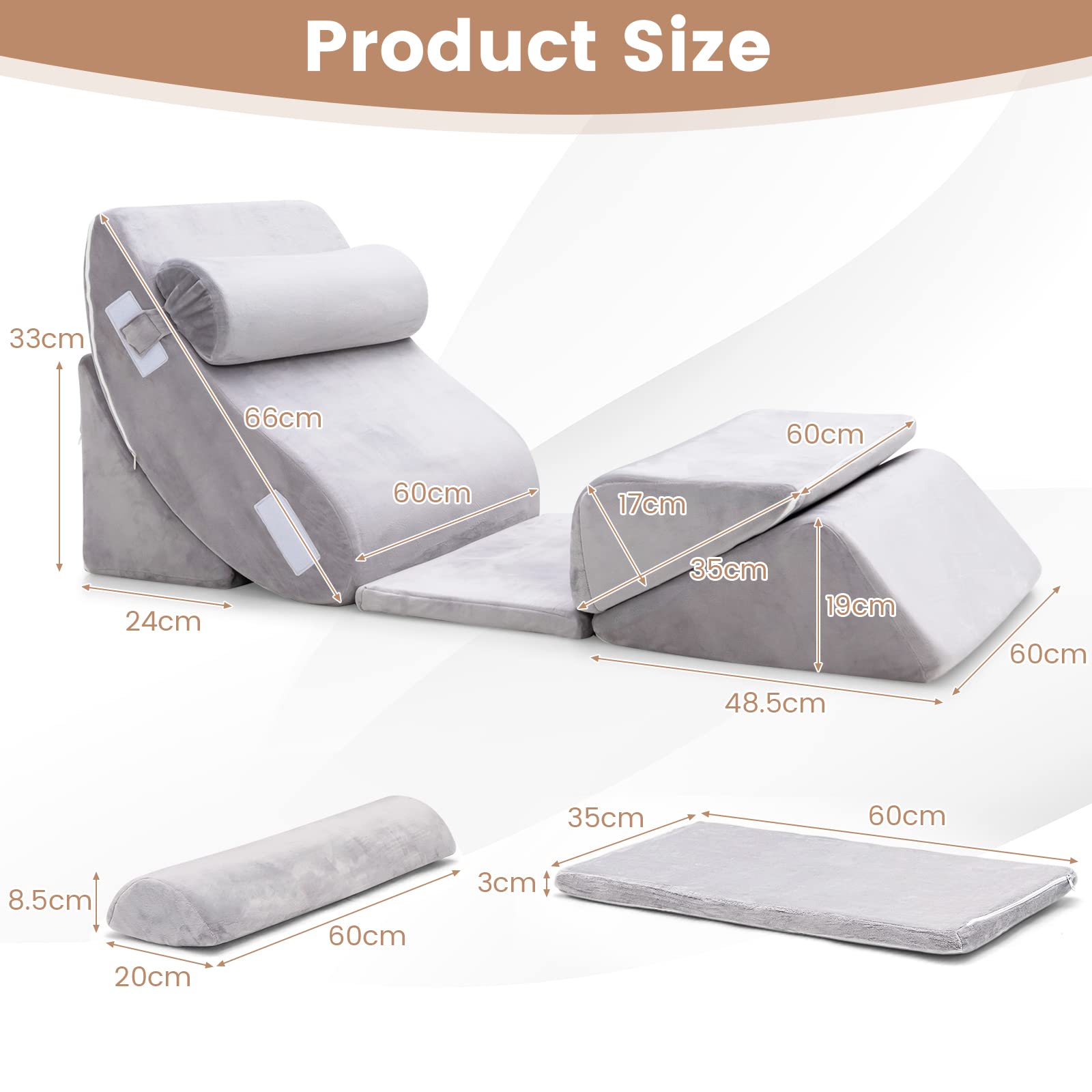GOPLUS Juego de 6 Almohadas en Cuña de Espuma con Memoria | Almohada Ortopédica Ajustable para Cuello y Piernas, Alivio del Dolor de Espalda, con Funda Lavable, Gris