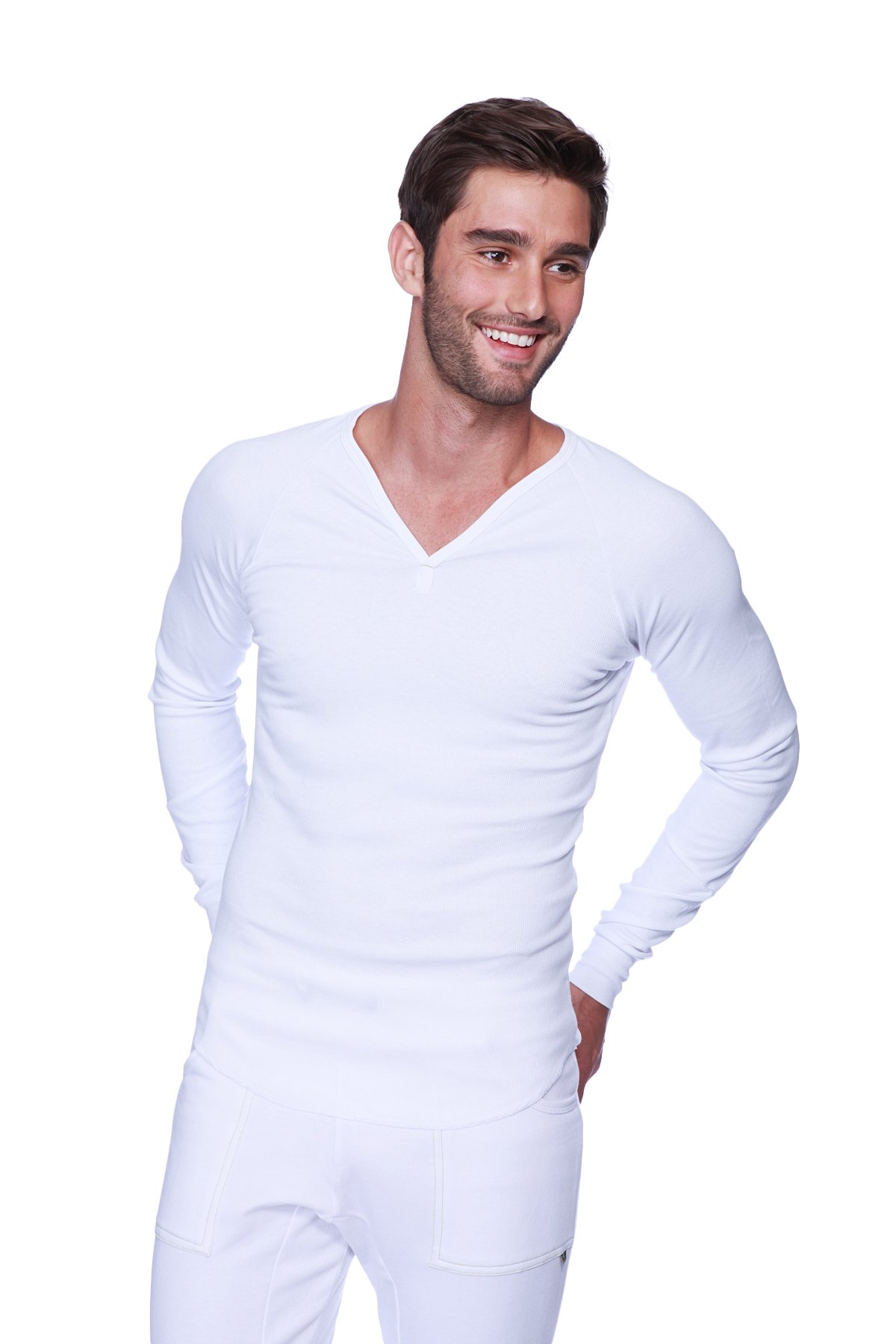 Men's Ribbed Thermal V-Neck Long Sleeve Yoga & Gym Henley Modal Fabric Made in America Stretch European Style Fit
