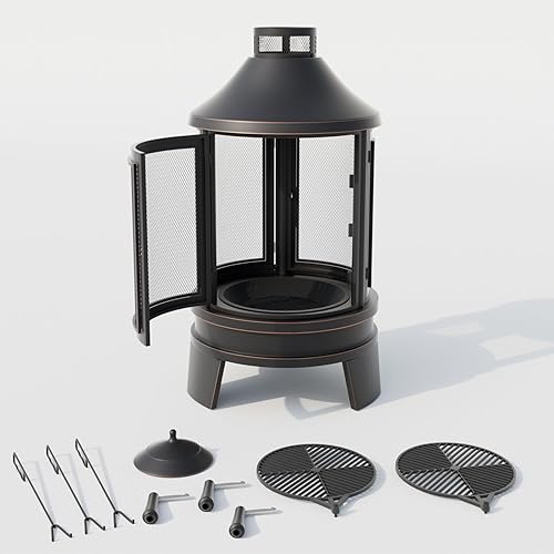 Miniatura 8 de ALAULM Chiminea de metal con parrilla, hoguera 2 en 1 con bandeja de parrilla ajustable y puerta mosquitera de malla, chimenea de acceso múltiple de