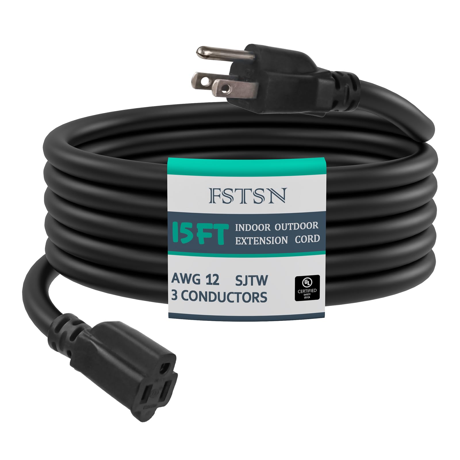 15 FT Outdoor Heavy Duty Extension Cord - 12/3 SJTW 15 AMP Indoor Power Cord with 3 Prong Grounded Plug for Lawn Mower, Appliances, Workshop, Lights Water Resistant Flexible Cable 12 Gauge