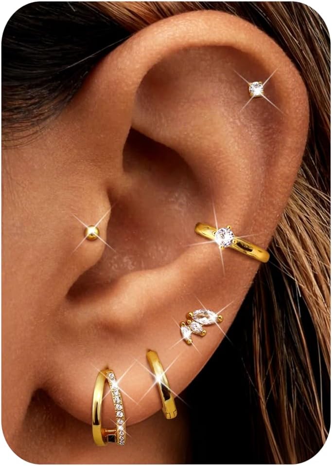 Florideco Small Hoop Earrings 14K Gold Plated Hypoallergenic Flat Back Earrings Surgical Stainless Steel Cartilage Earring Sets for Multiple Piercing Trendy Earring Stacks Flatback Stud Earrings