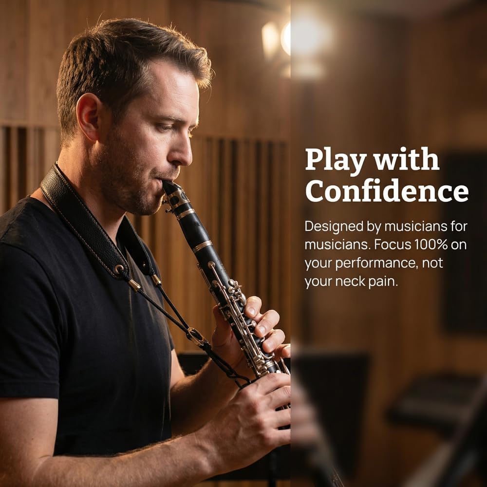 Correa ajustable para el cuello para clarinete: diseño ergonómico que alivia la tensión de la mano, soporte acolchado suave para clarinetes BB y A