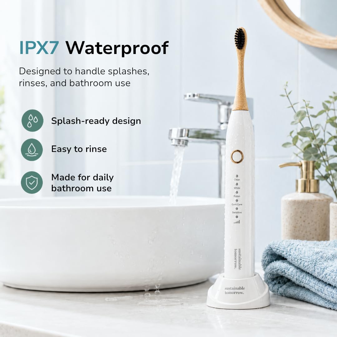 Sustainable Tomorrow Zen Bamboo Spazzolino da denti elettrico per adulti, modello wireless perlato, ricaricabile con setole morbide a base vegetale, teste in bambù, 5 modalità e batteria a lunga