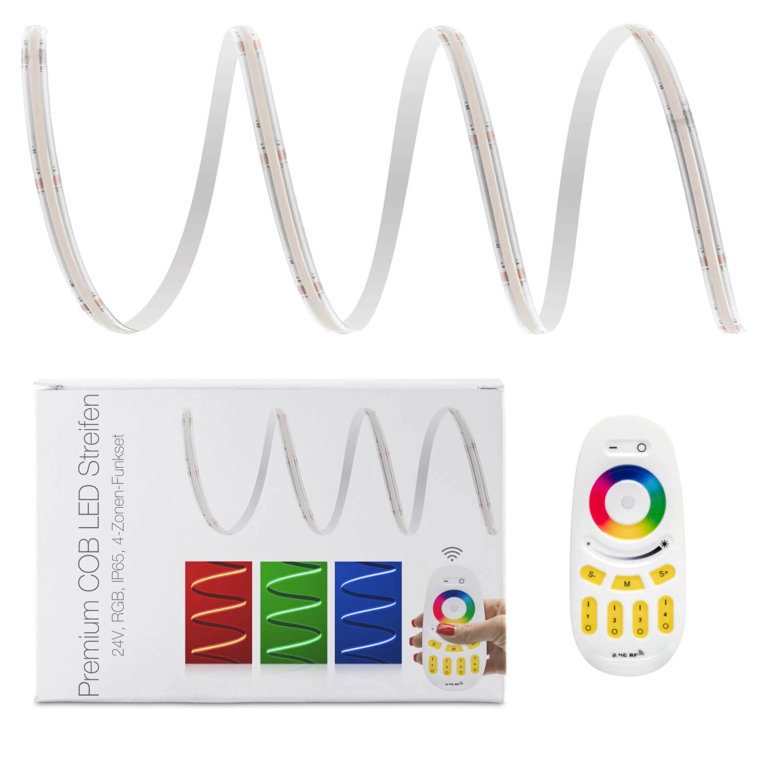 LED Universum Tira LED COB de 4 zonas, RGB con mando a distancia, controlador y fuente de alimentación, filamento premium, 24 V, IP65, multicolor (3 metros)