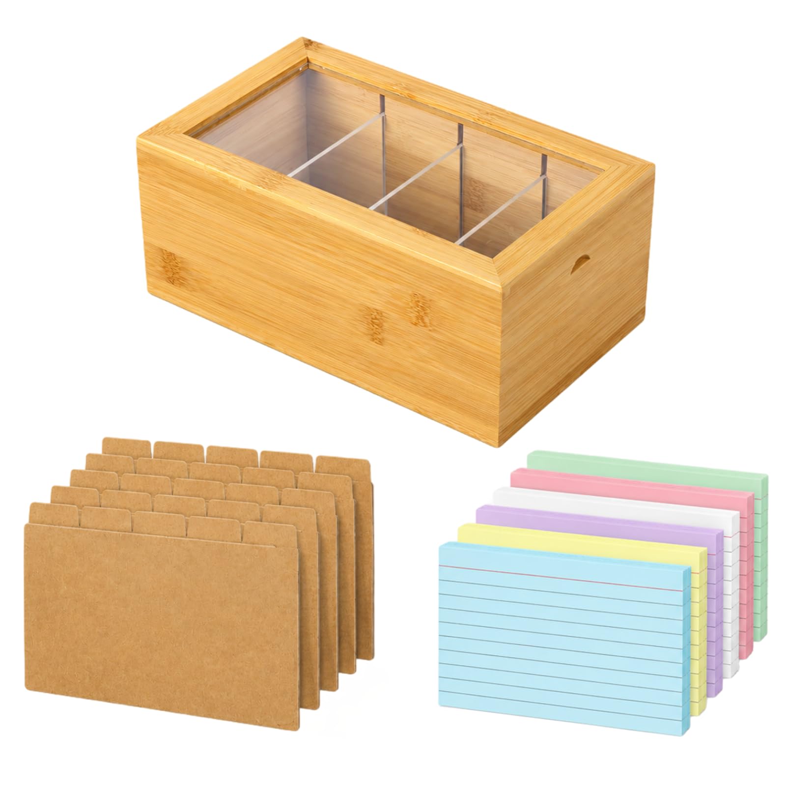 Indexkartenhalter 3 x 5, 10 x 5,9 x 4 in Kiefernholz-Rezeptbox mit Trennwänden, Karteikasten mit transparentem Klappdeckel für Büro, Küche und Homeoffice, für Namenskarten, Flashcards und Rezeptkarten