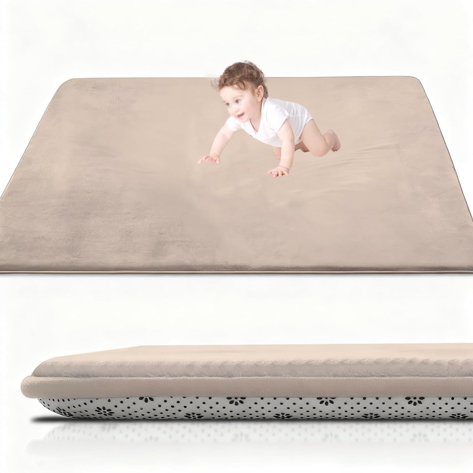 Coral Velvet Baby Play Mat, 2CM Thick Baby Crawling Mat 200 x 380 cm Light Brown Nursery Rug for Crawling & Playing for Bedroom, Kids Room, Playmat Non-slip Nursery Babies Mats for Floor Play