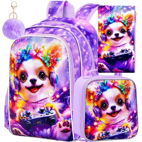 Image of CCJPX 3Pcs Dog Backpack for Girls, 16 inch Kids Sequin Bookbag with Lunch Box, Cute Water Resistant Schoolbag for Preschool Kindergarten Toddler(Purple)