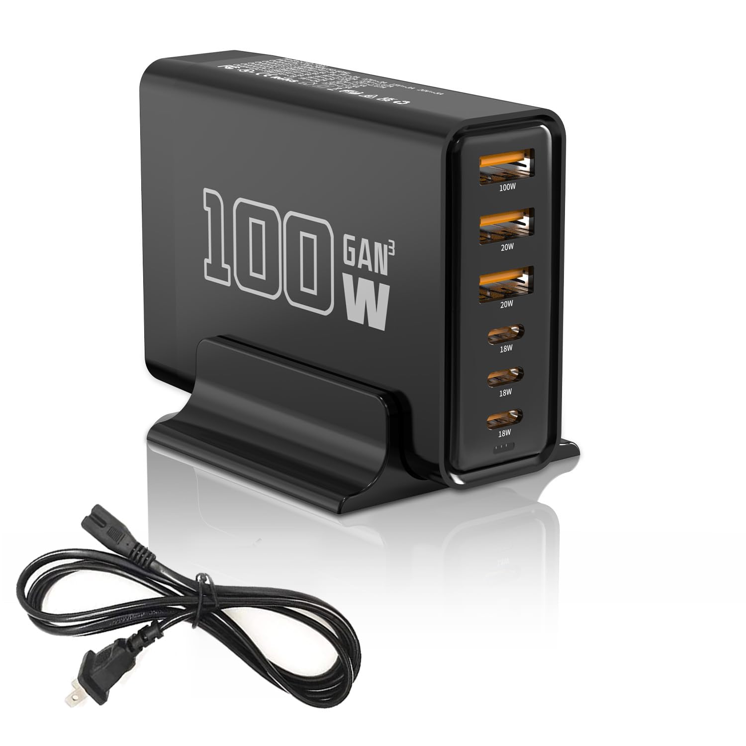 MaxLax Black USB Fast Charger, 100W GaN 6-Port (3C + 3A) Square Charging Station, Compatible with Laptops, Mobile Phones, Tablets, and Other Devices