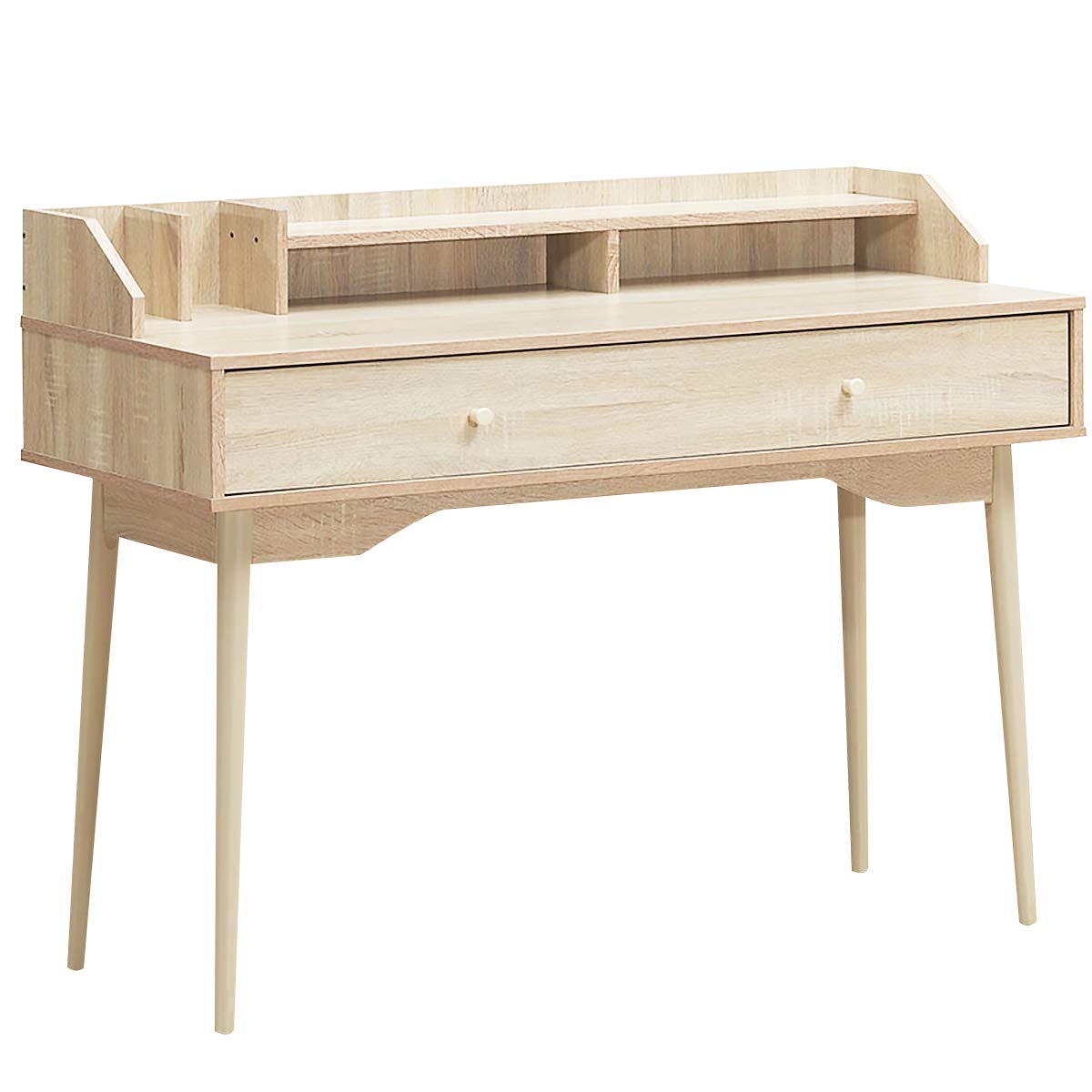 GOPLUS - Escritorio de ordenador con cajón con asas prácticas, mesa de trabajo con nicho de almacenamiento de 2 niveles, mesa de estudio con patas de madera, para oficina, sala de estudio (natural)