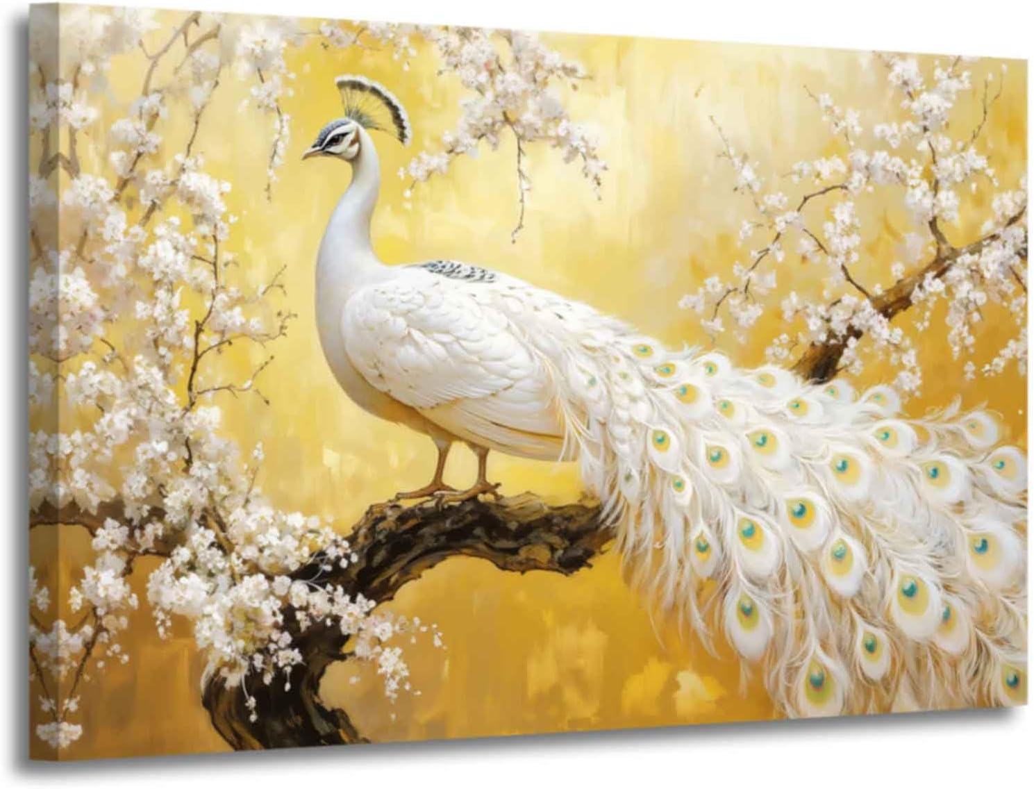 ZSHARTSWD Peacock Wall Art White and Gold Peacock Pictures Bird Animal Canvas Prints Elegant Feather Flowers Painting for Home Living Room Decor Framed (White, 18L x 12W)