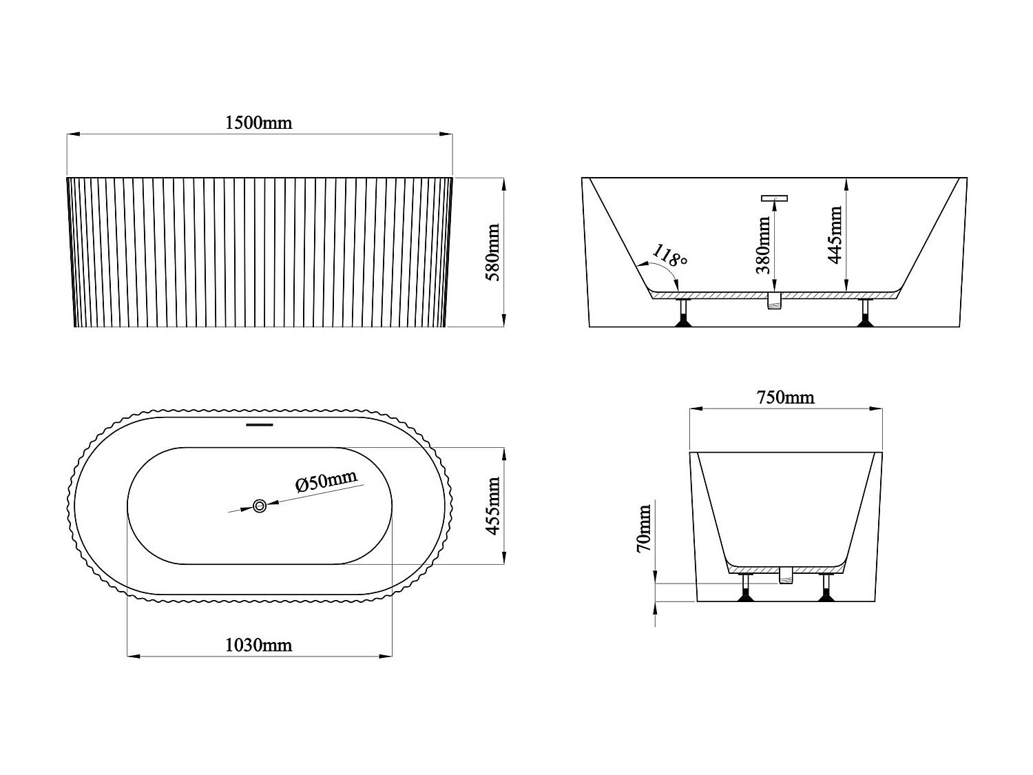 Vente-unique - BaÒera exenta de acrÌlico - Blanco mate - 220L - 150 x 75 x 58 cm - ALIENA