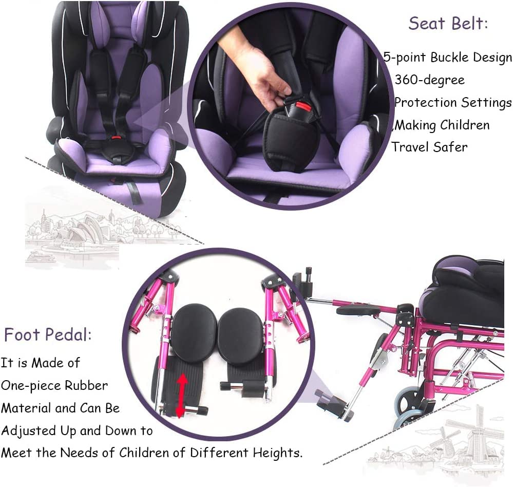 Silla de ruedas completamente reclinable para niños con parálisis cerebral Silla de ruedas infantil plegable liviana de aluminio con respaldo alto, mesa de comedor adecuada para edades de 2