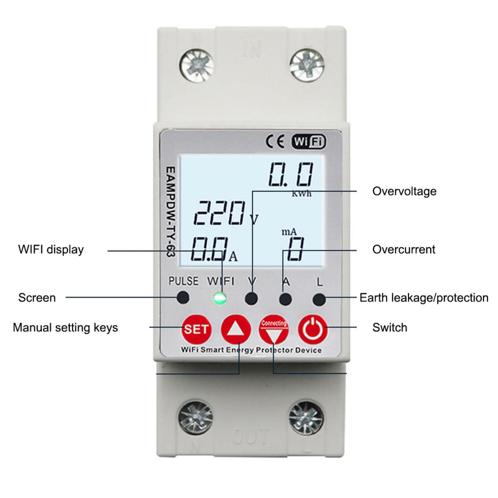 RANRAO Interruttore Automatico 2P 63A WiFi su Guida DIN 35 mm Smart Switch Controllo remoto Tramite App Tuya/Smart Life