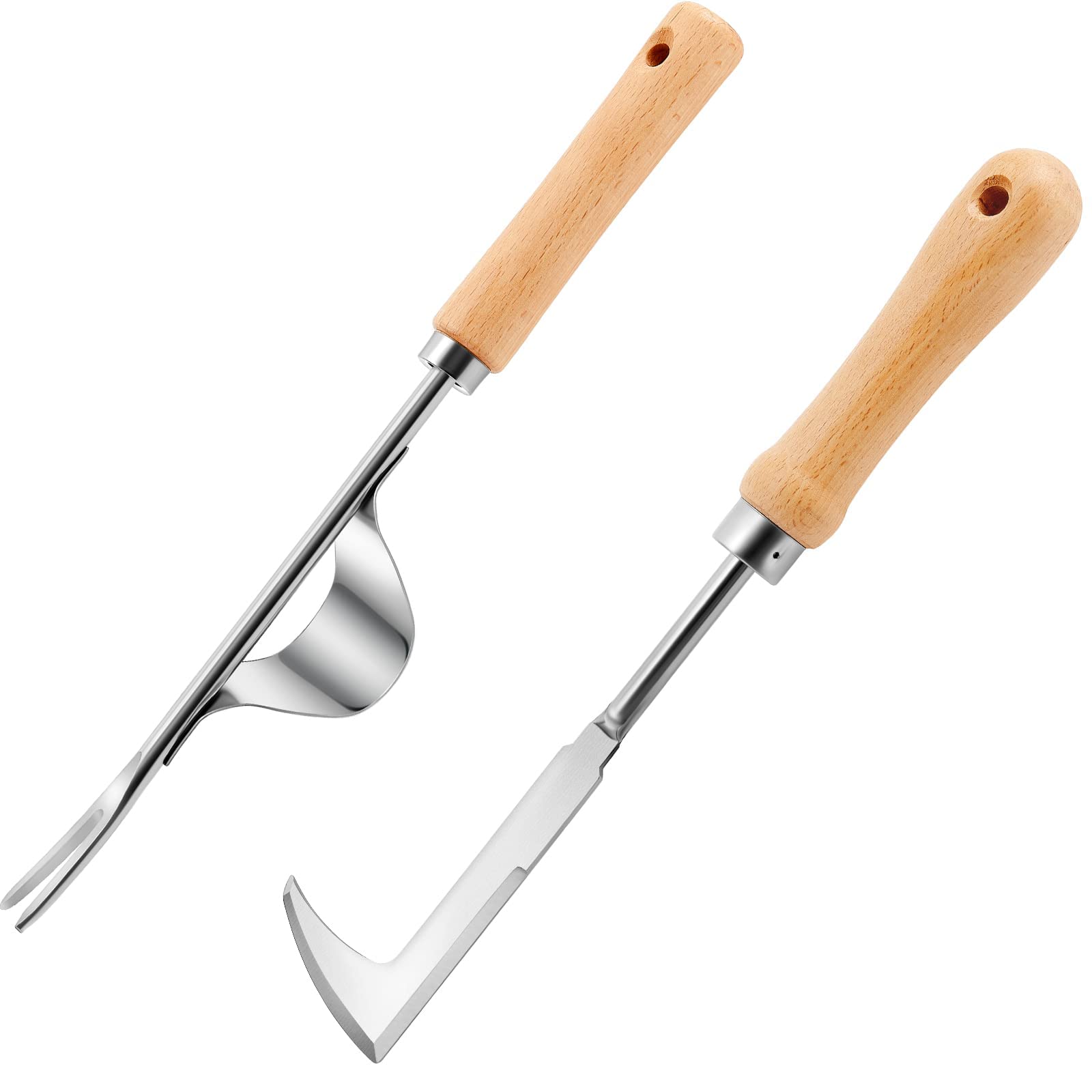 TERRIFI 2 Packs Weed Puller Tool Set Stainless Steel Hand Lawn Weed Remover Crack Crevice Weeding Tool Manual Yard Gardening Tool with Wood Handle for Sidewalk and Patio