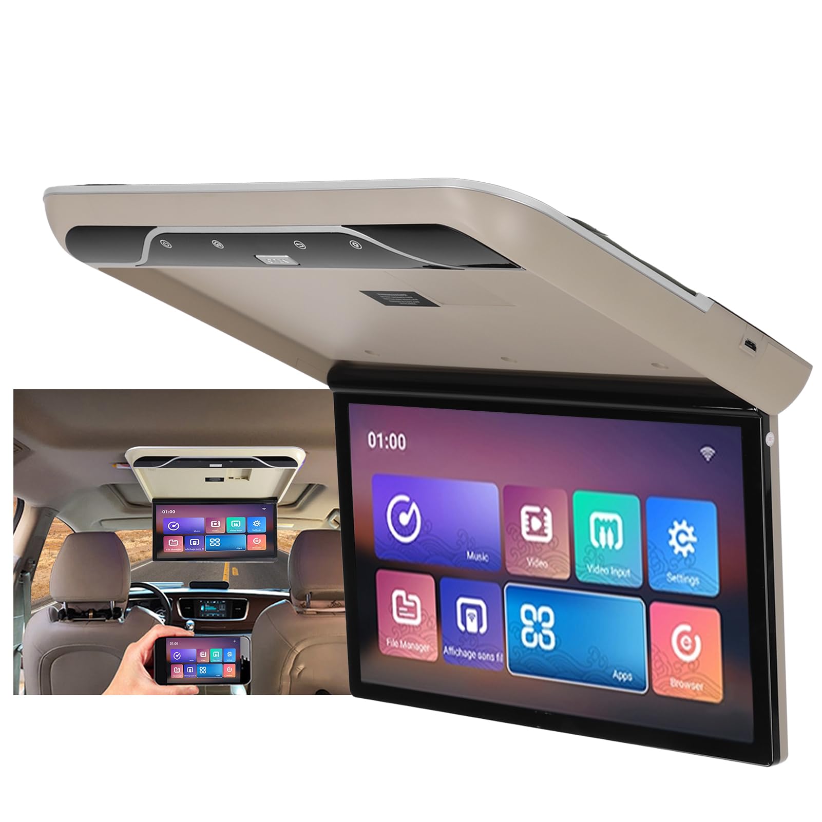 Monitor de Montaje en el Techo del Coche, Pantalla Abatible Montada en el Techo del Coche de 19 Pulgadas, Compatible con HDMI Y TV con Control Remoto Android 9.0(Beige)