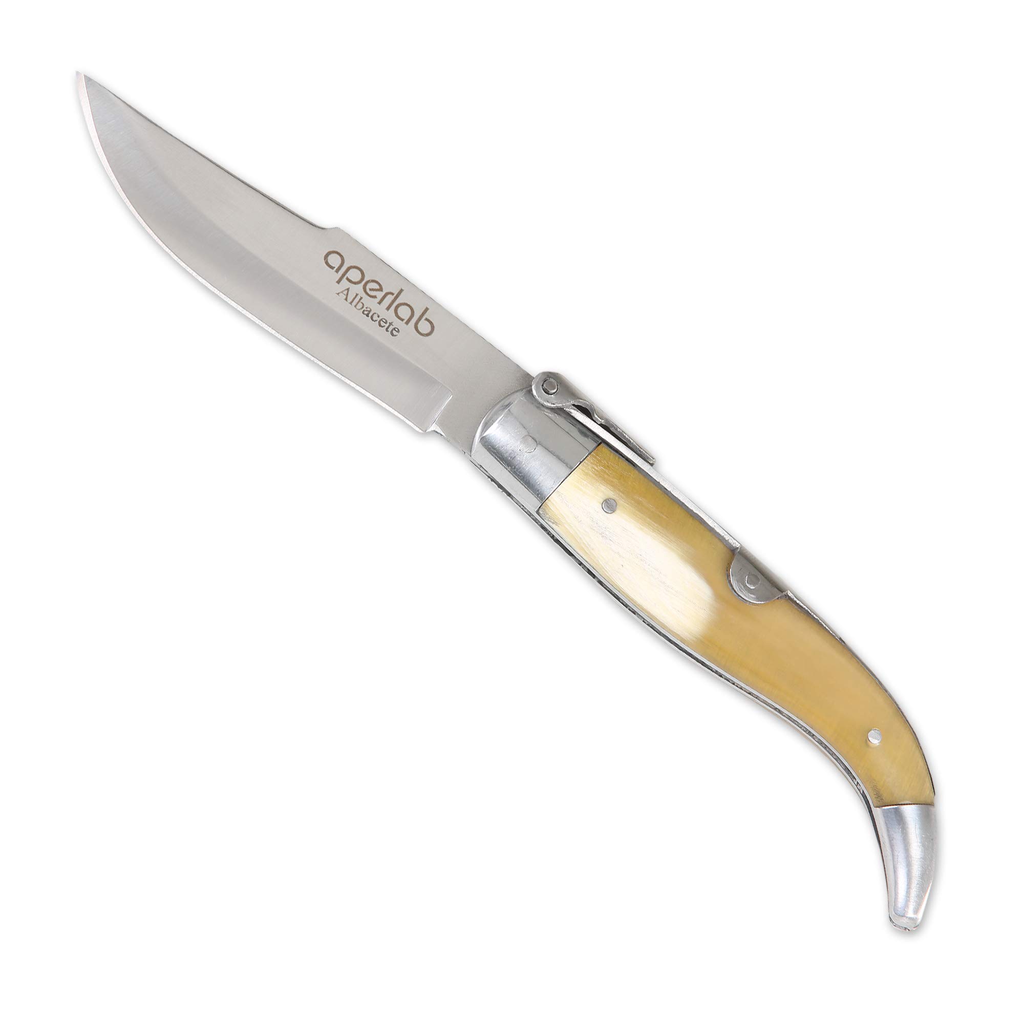Coltello Albacete, fatto a mano realizzato a mano, lama in acciaio inox e cassette in corno di toro autentico, pieghevole e sicuro in modo che non si chiuda da solo. (lama da 8,5 cm)
