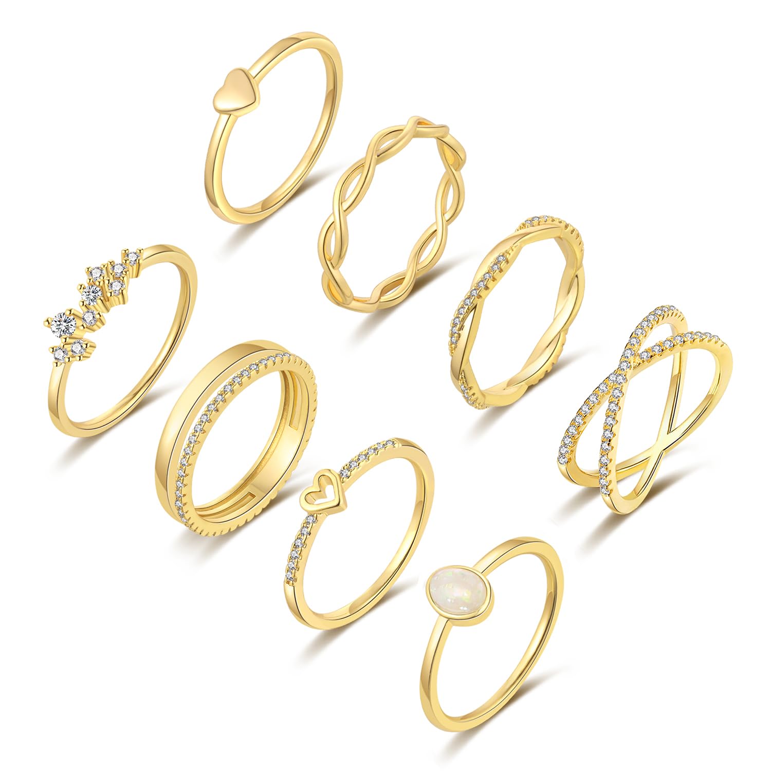 RLMOON 8PCS 14K Gold/Silver Rings Set for Women Non Tarnish Dainty CZ Simulated Diamond Ring Eternity Wedding Band Gold Stackable Thumb Rings Size 4-