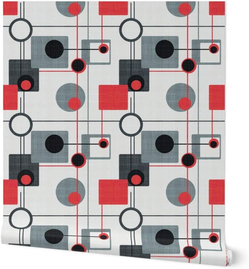Peel & Stick Wallpaper Swatch - Orbs Squares Red Black White Vintage Retro Grey Modern Custom Removable Wallpaper by Spoonflower