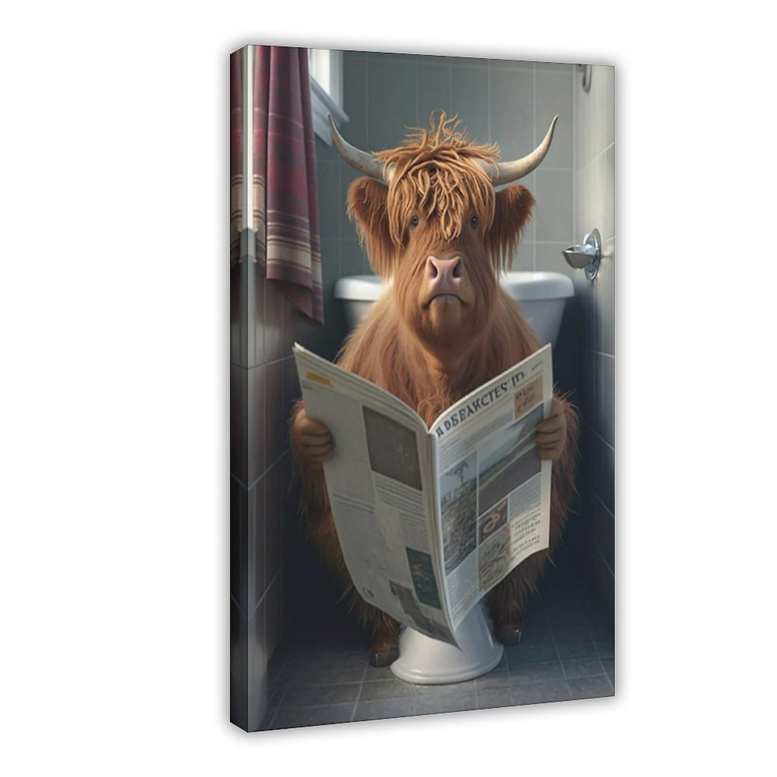 BNCEDJK Highland Cow Sitting on The Toilet Reading A Newspaper Canvas Poster Wall Art Print Picture Paintings 16x24inch(40x60cm)