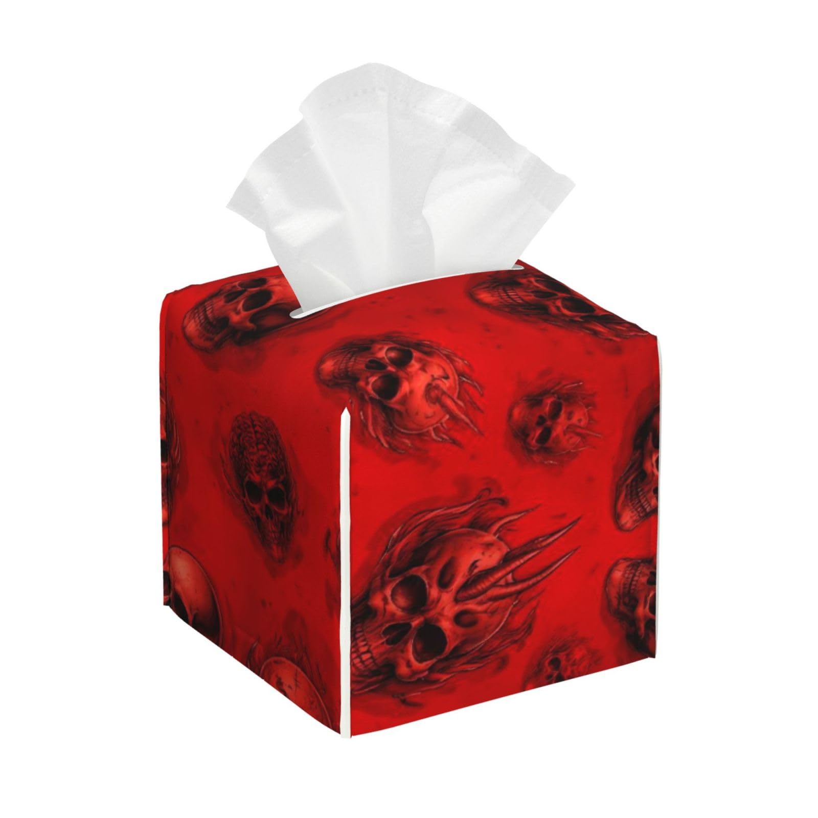Red Horror Skull Leather Tissue Box Cover Holder Square Facial Paper Organizer 5.2" X 5.2" X 5.2"