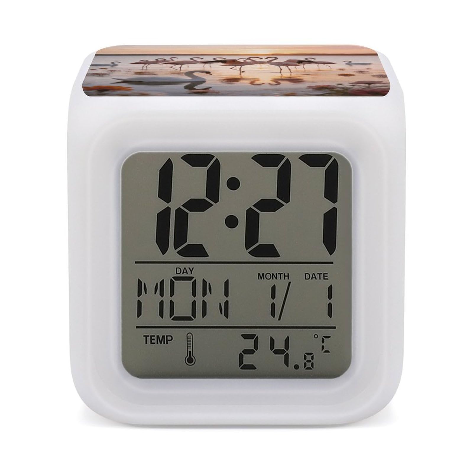 LZQPOEAS Flamingos Alarm Clock with 7 Color Changing Nightlight for Bedroom Calendar Temperature Display Wake Up Digital Clock Small Desk Clocks for Heavy Sleepers Adults