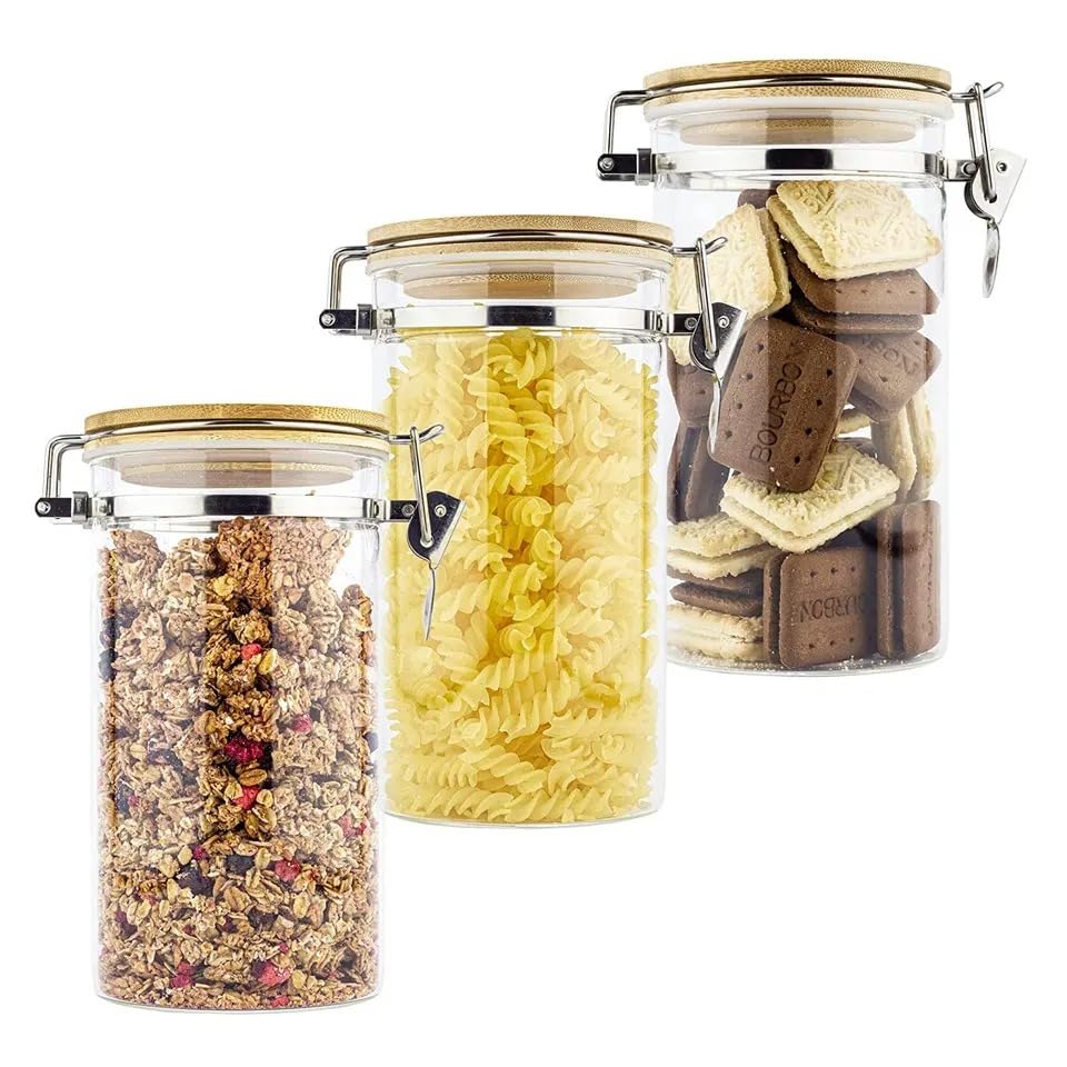 VOIDROPGlass Storage Container clip jar with Wooden Lid, Stackable Clear Decorative Organizer Bottle Canister Pantry Jar with Air Tight Wooden Lid for Food, Sugar, Salt, 800ML (SET OF 3)