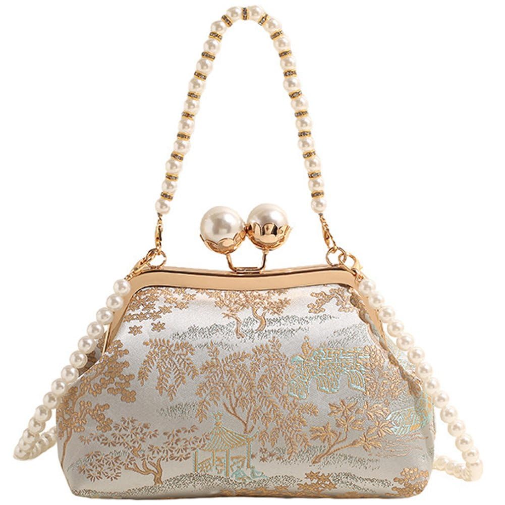 Sslvya Embroidered Clutch Purse for Women Vintage Pearl Chain Evening Bag Elegant Handbag Crossbody Shoulder Bag