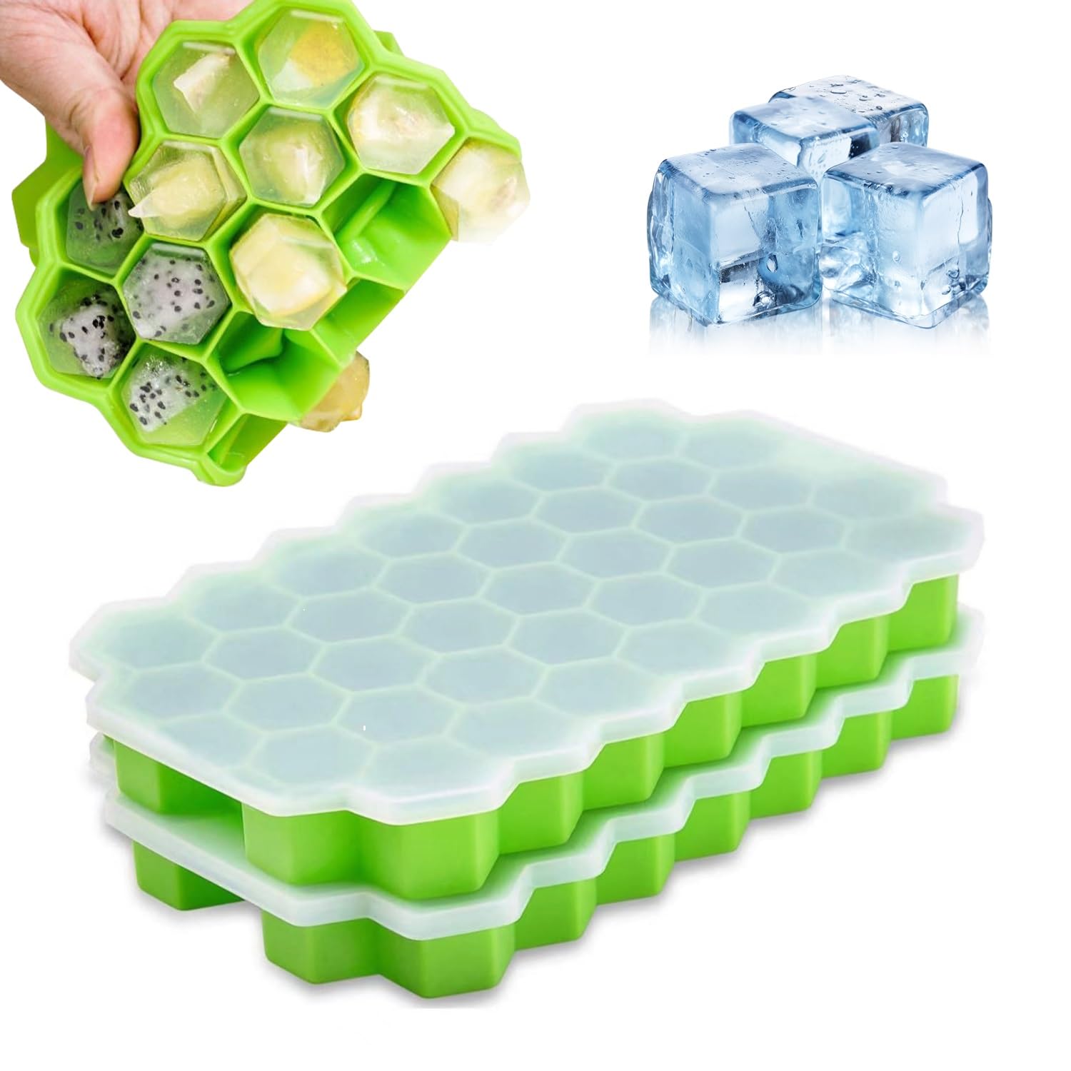 2 Pcs Green Ice Cube Molds 37 Hexagonal for Freezer Ice Cube Tray with Lid, Silicone Ice Cube Moulds, Small Ice Cube Trays, Each Makes Ice Cubes Silicone for Chilled Drinks, Whiskey, Cocktail