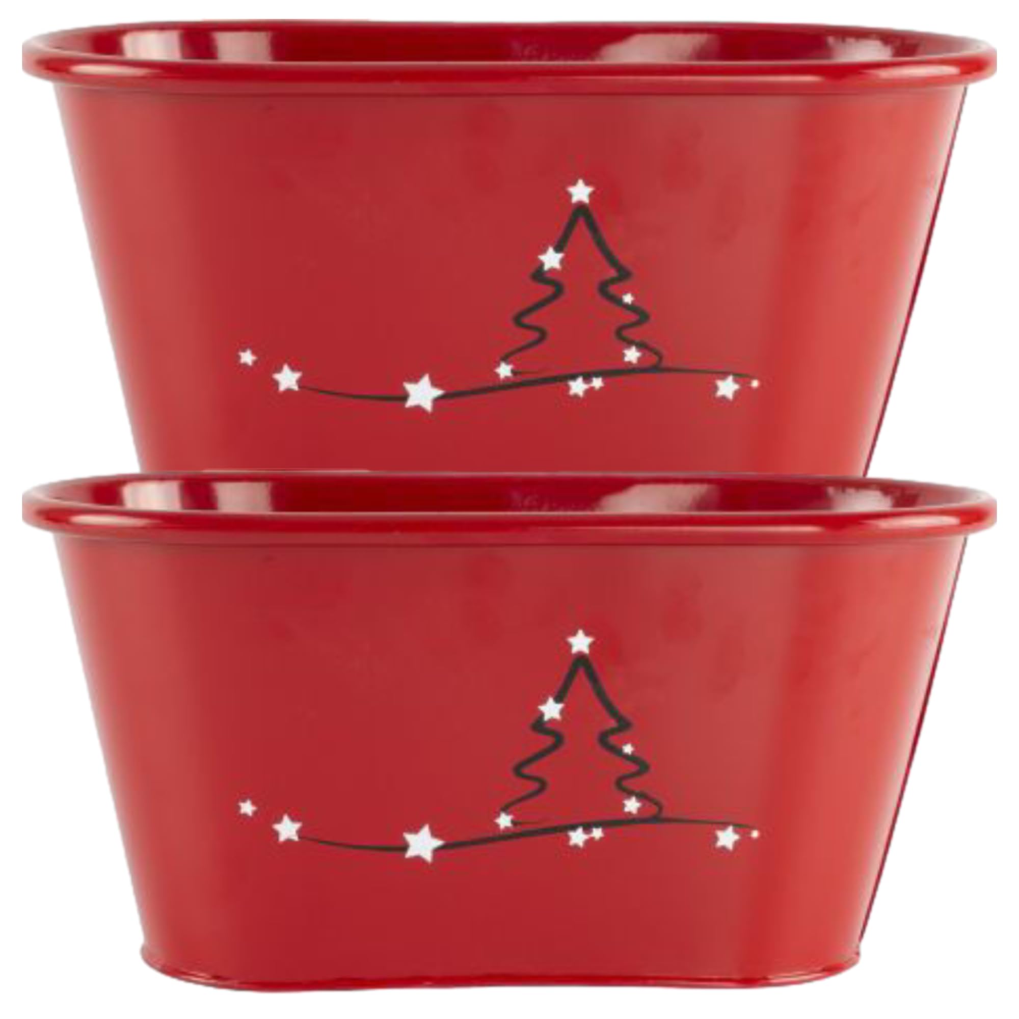 Fyne-Finds Set of 2 Red Tin Pail Trough Planter Pot Modern Christmas Tree Stars 26cm, 10inch Xmas Decor Gift