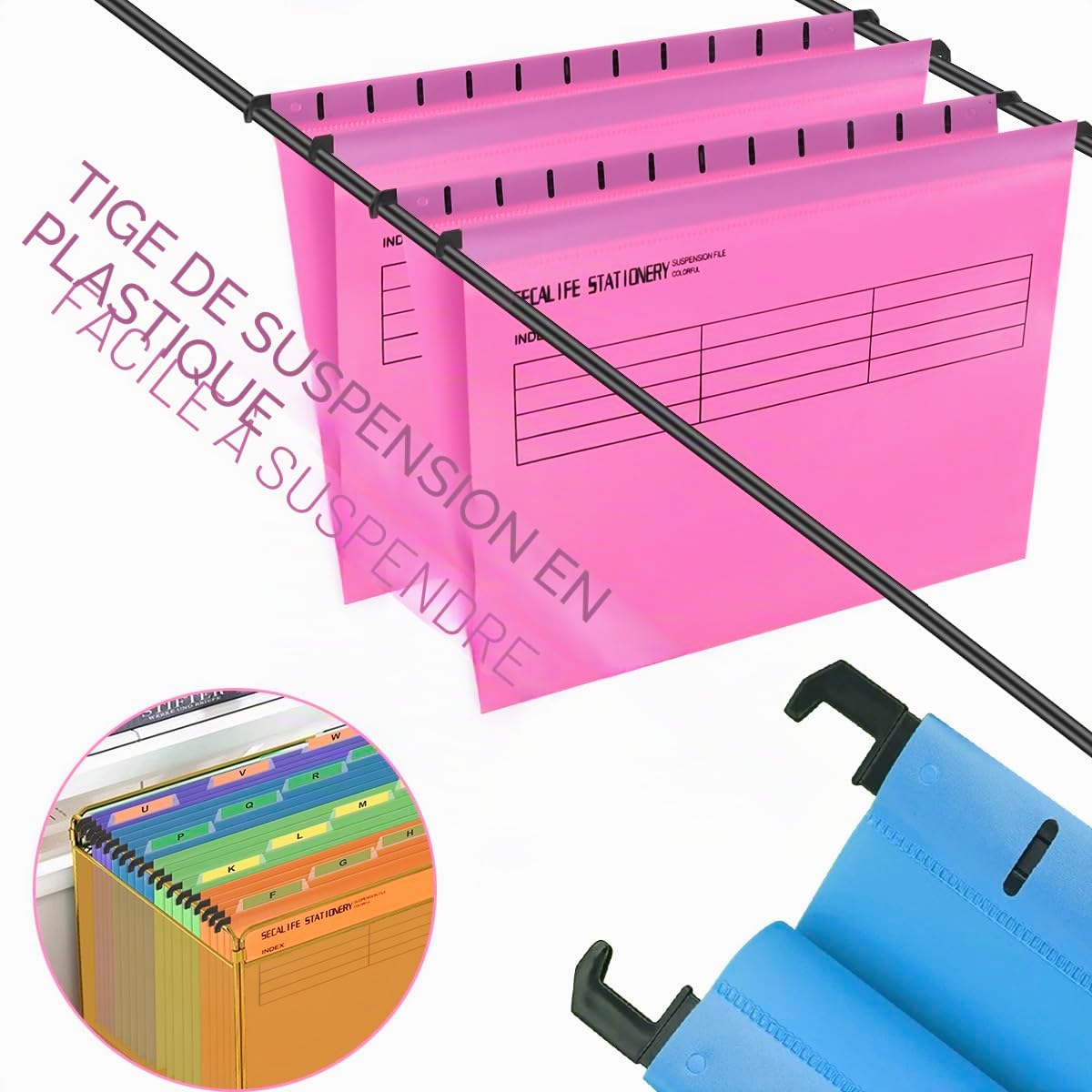 24Pcs Dossiers Suspendus A4 Classeur en PP Dossier Suspendu pour Tiroir,Hanging File Folder pour Armoires de Classement avec Onglets et Insertions pour École, Maison et Bureau