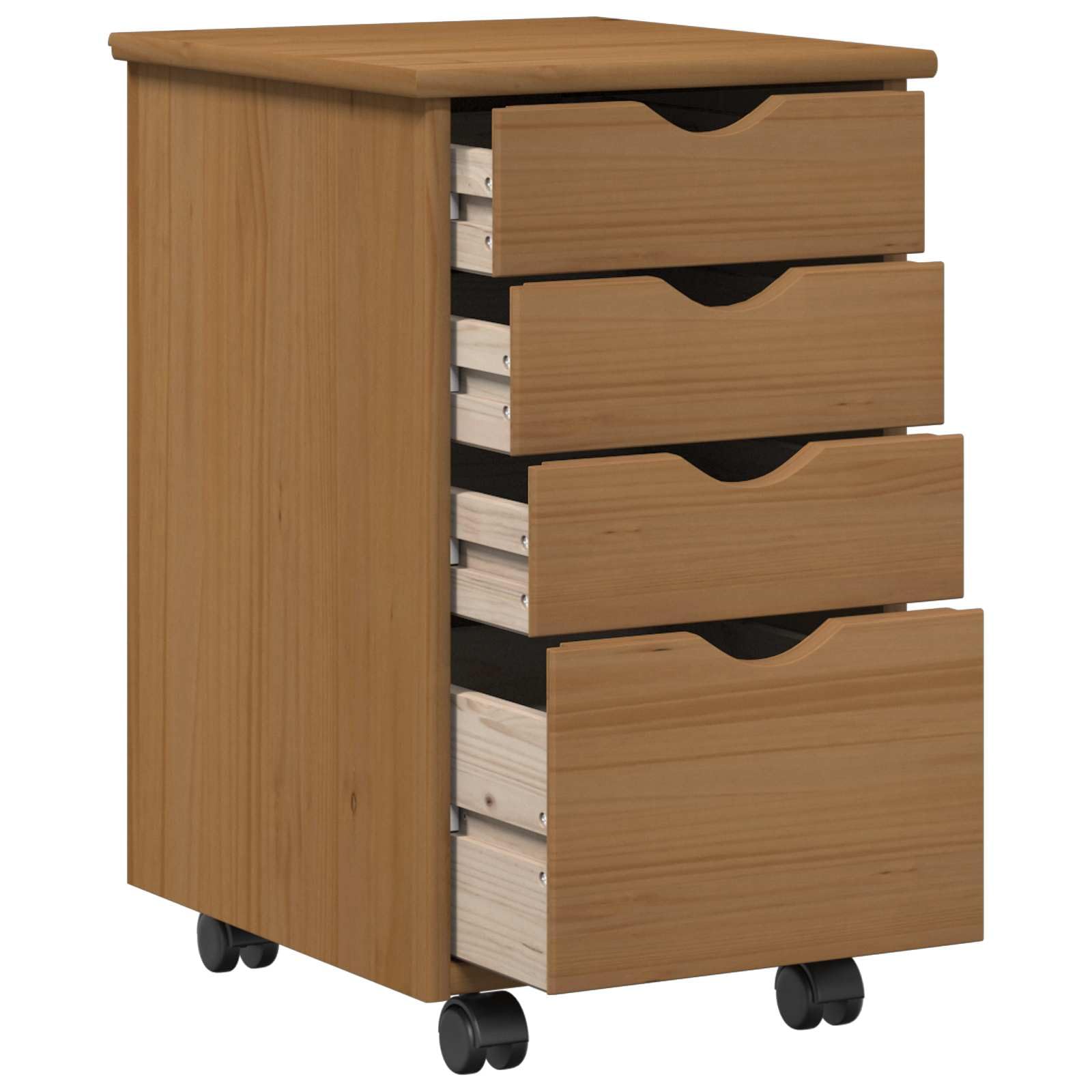 Rollschrank Moss Honigbraun aus massivem Kiefernholz 34 x 39 x 56 cm mit 4 Schubladen und Rollen vielseitiger Mehrzweckschrank für Büro, Wohnzimmer, Flur mit Stauraum und Ordnung