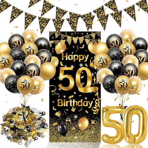 50. Geburtstag Deko Set Schwarz Gold - Komplette Dekoration für Männer und Frauen XXL Hintergrundbanner Zahlenluftballon 50 Dreiecksgirlande & Konfetti | 50 Geburtstag Party Deko Mann Frau