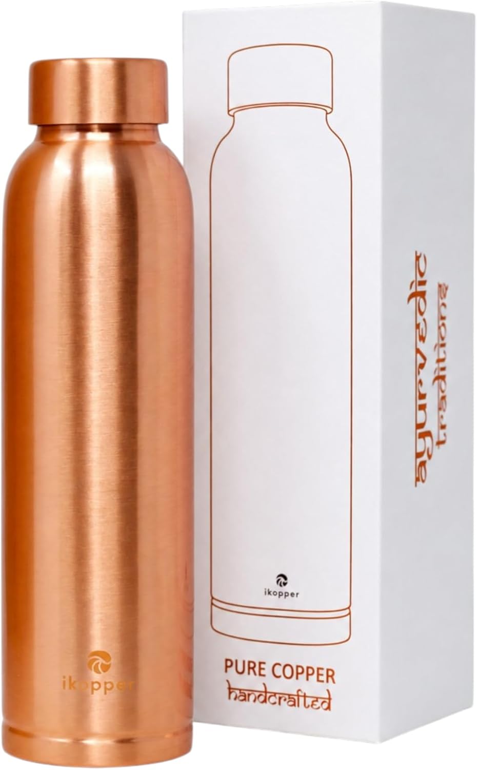 Pure Copper Water Bottle — 100% Handcrafted Ayurvedic Tamra Jal Drinking Vessel, Unlined Seamless with Leak-Resistant Screw Lid, Premium Gift Box, 950ml/32oz, 10"