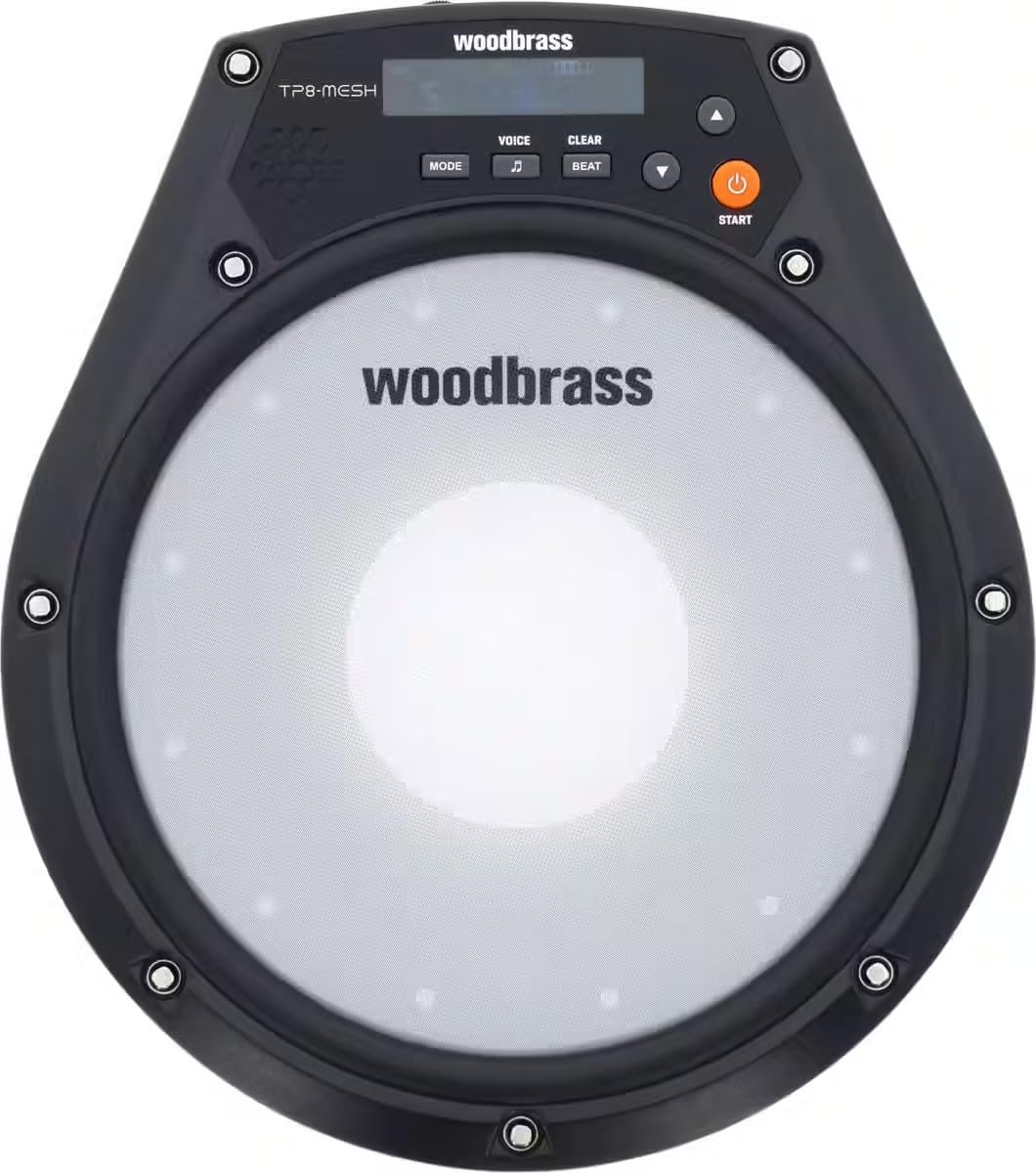 Woodbrass TP8 Mesh – Pad d’Entraînement Électronique Batteur 8” Peau Maillée, Métronome 30–280 BPM, Coaching Intelligent, Pratique Silencieuse, Batterie 15 h, Sortie Casque & Haut-Parleur Intégré