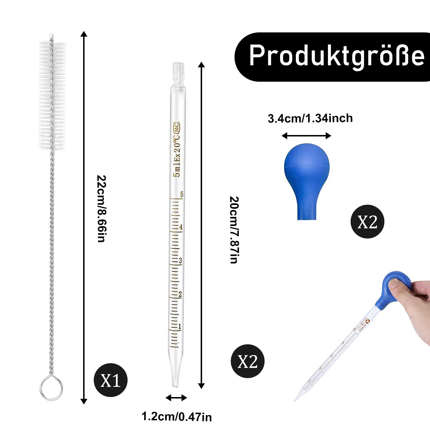 2er Set Glaspipette 10ml Mit Bürsten– Hochwertige Pipetten aus Glas für präzises Dosieren von Flüssigkeiten – Laborqualität für ätherische Öle, Chemikalien, Parfüms und mehr