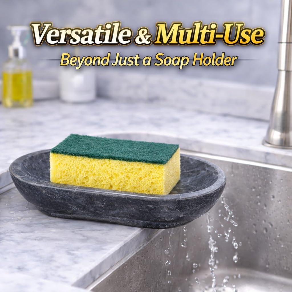 Luxury Hand Carved Natural Charcoal Marble Soap Dish, 3.8 x 5.8 x 0.9 H Inch