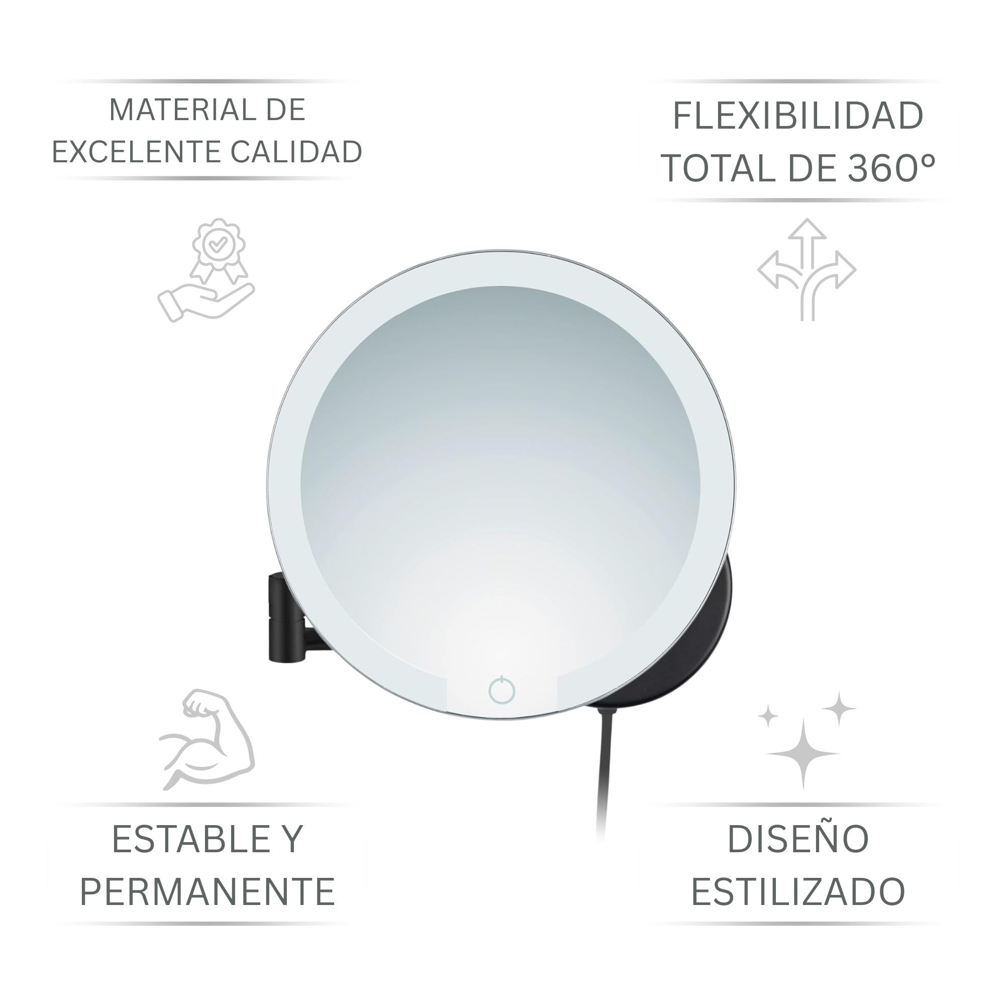 Ravenna - Espejo de Aumento 7X LED, Montaje en Pared, función de atenuación, Apagado automático, Cable Negro