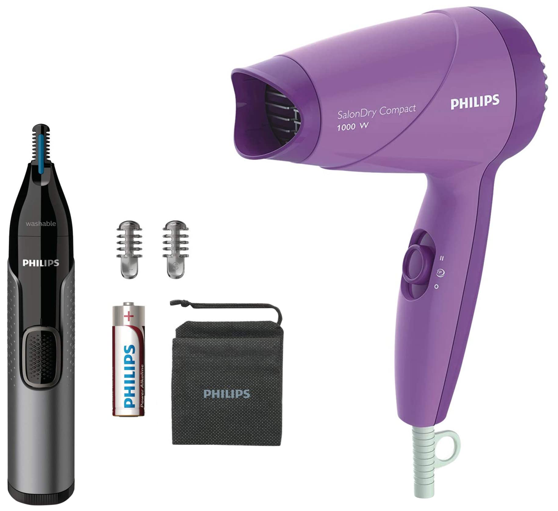 Philips Nose Trimmer Nt3650/16, Cordless Battery Powered Nose, Ear & Eyebrow Trimmer With Protective Guard System (Gray) & 1000 Watts Hair Dryer (Hp8100/46, Purple) - Unisex (B0BHHZS7XB) Amazon Price History, Amazon Price Tracker