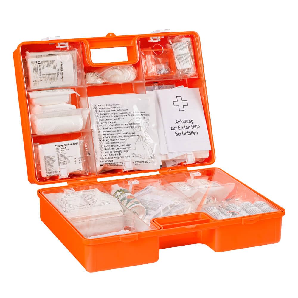 Erste-Hilfe-Koffer Nahrungsmittel, orange, mit Wandhalterung, DIN 13157, Art.-Nr. 611198 | Verbandskasten | Notfallkoffer | Erste Hilfe Kasten