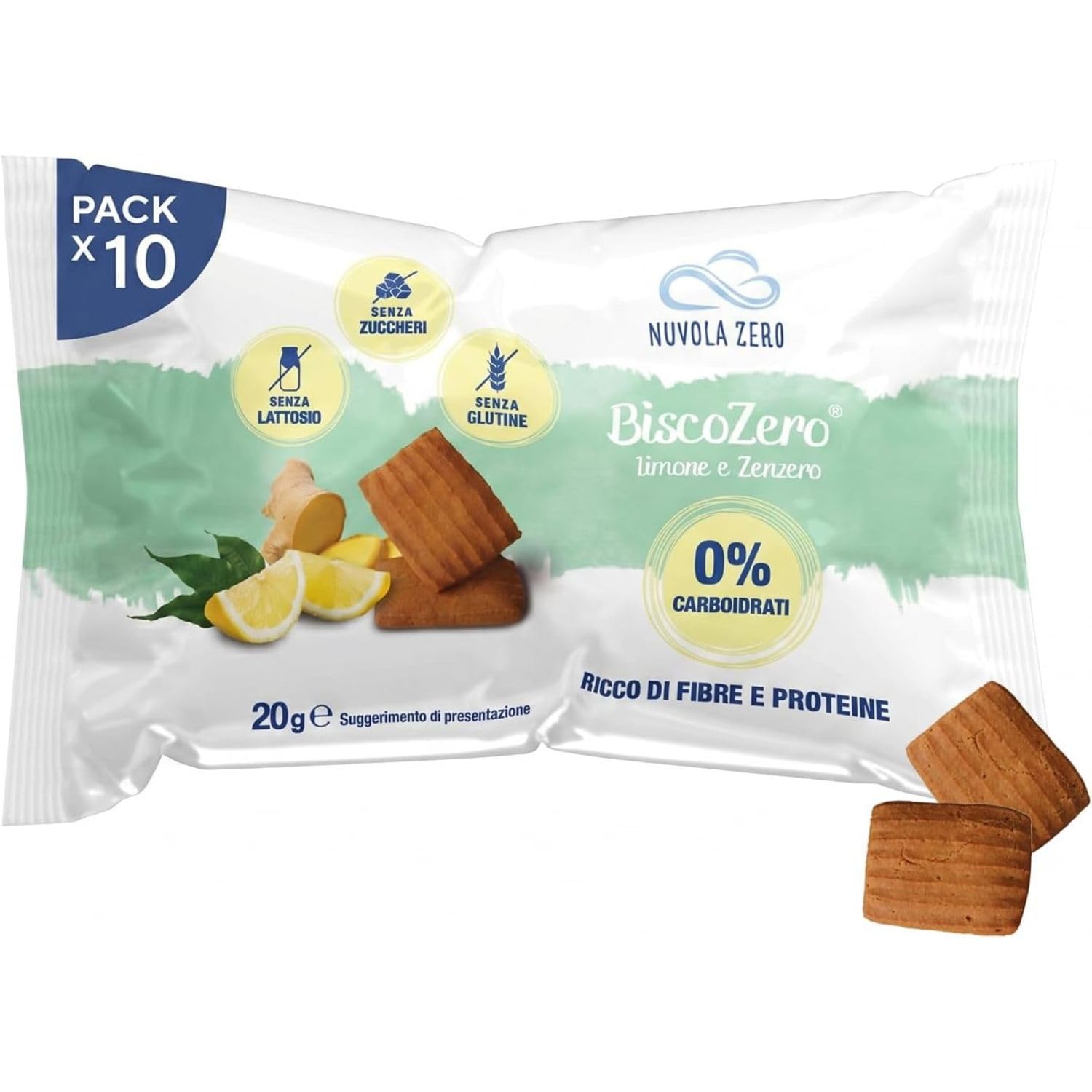 Nuvola Zero BiscoZero Limón y Jengibre, Galletas sin azúcar ni carbohidratos, Galletas Keto Proteicas, Sin Gluten ni Lactosa, Ricas en Fibra, Paquete de 10