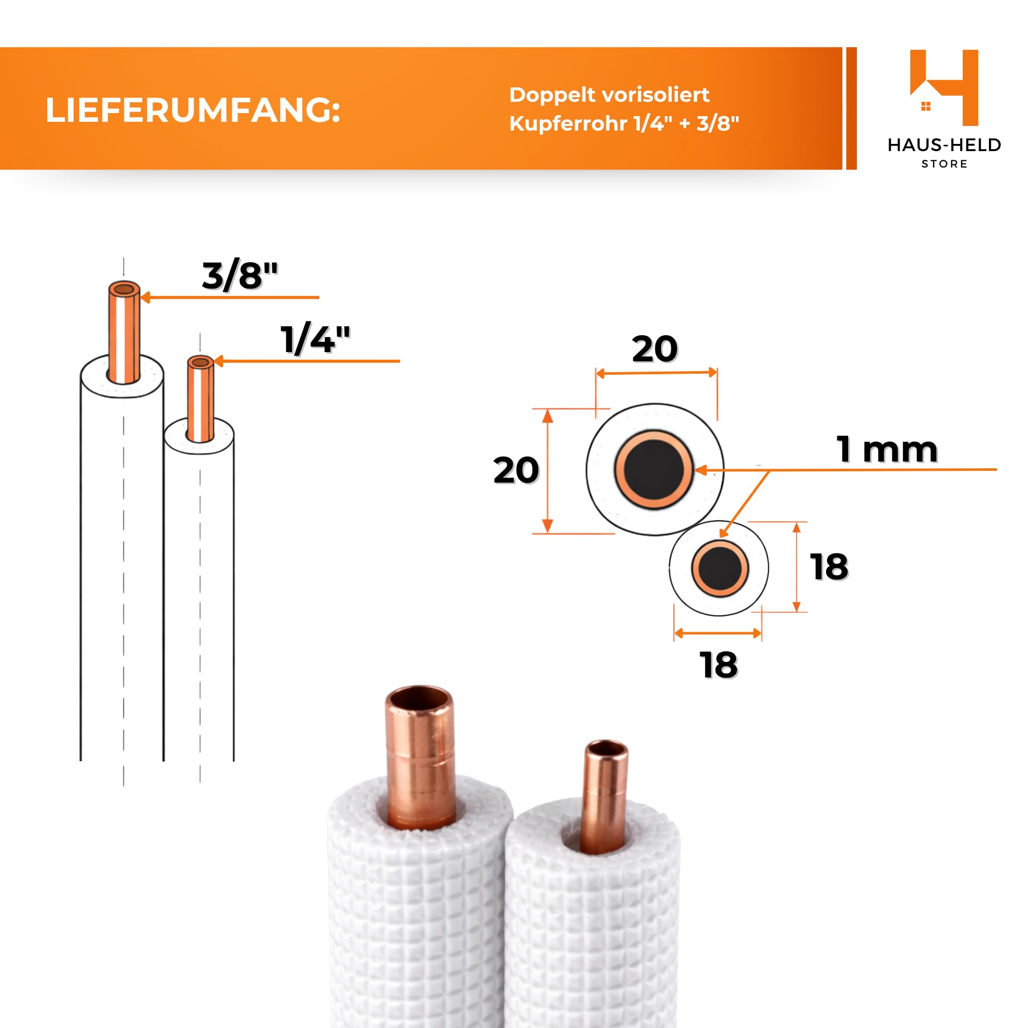 HausHeld® Doppelrohr Klimaanlage 1/4" x 3/8" – 6 m | Kupfer-Verbundrohr vorisoliert Split-System Kältemittelleitung R32/R410A/R407C | Wandstärke 1,0 mm | PE-Isolierung BL-s1,d0 | ohne Bördelung